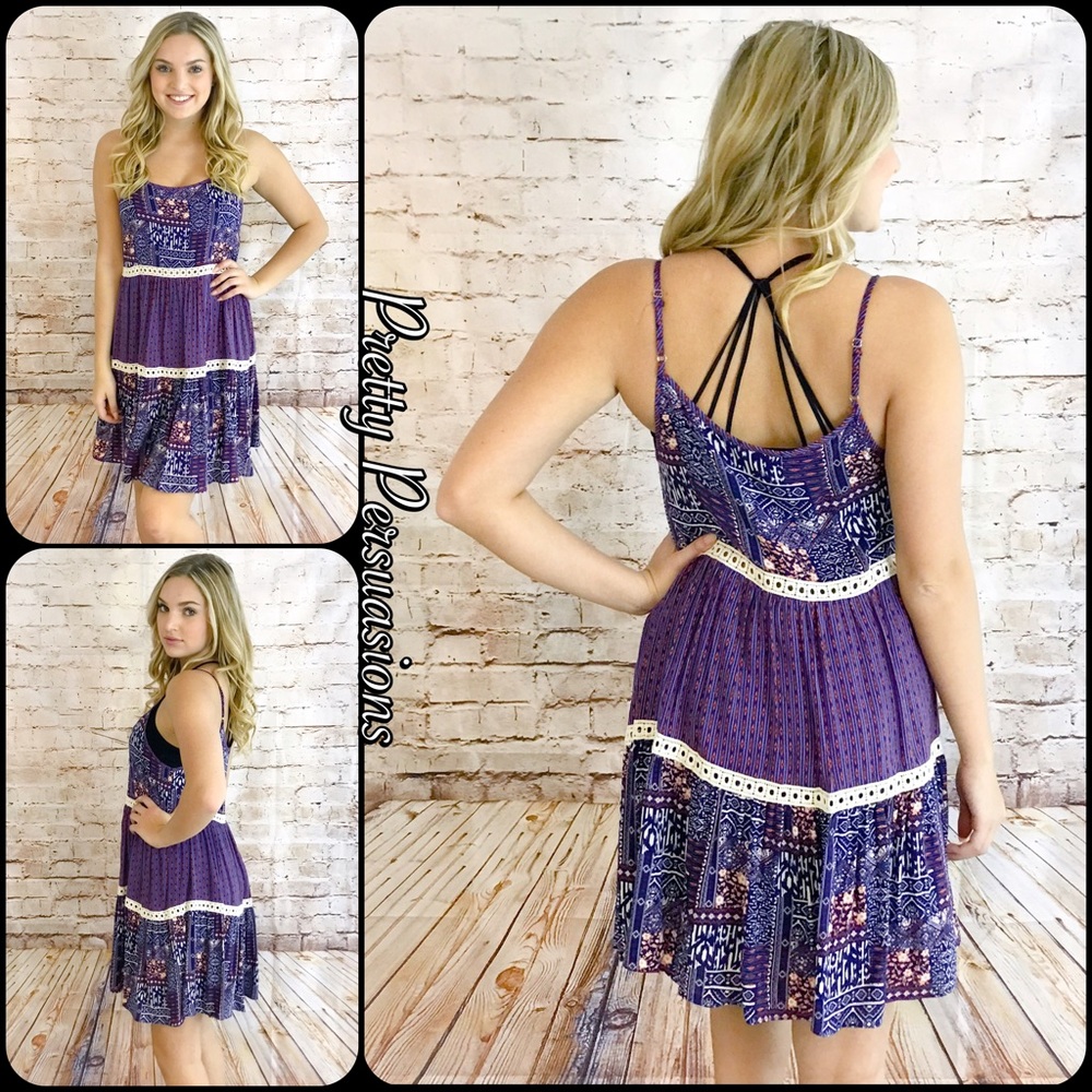 LAST 1 SALE‼️Purple Print Crochet Trim Slip Dress - Picture 3 of 4
