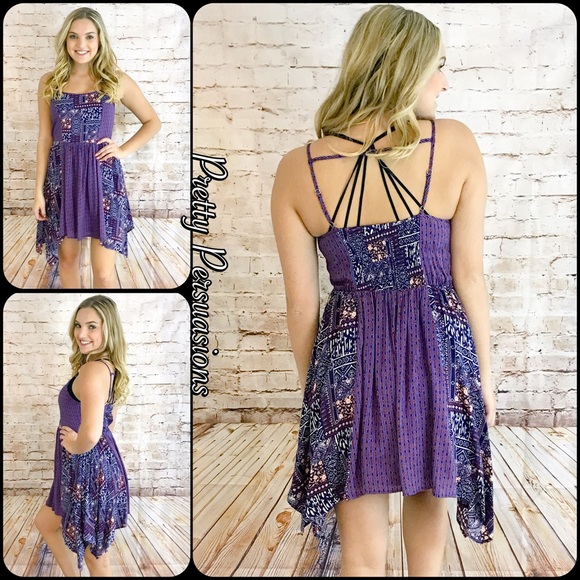NWT Purple Printed Strappy Back Handkerchief Dress - Picture 3 of 5