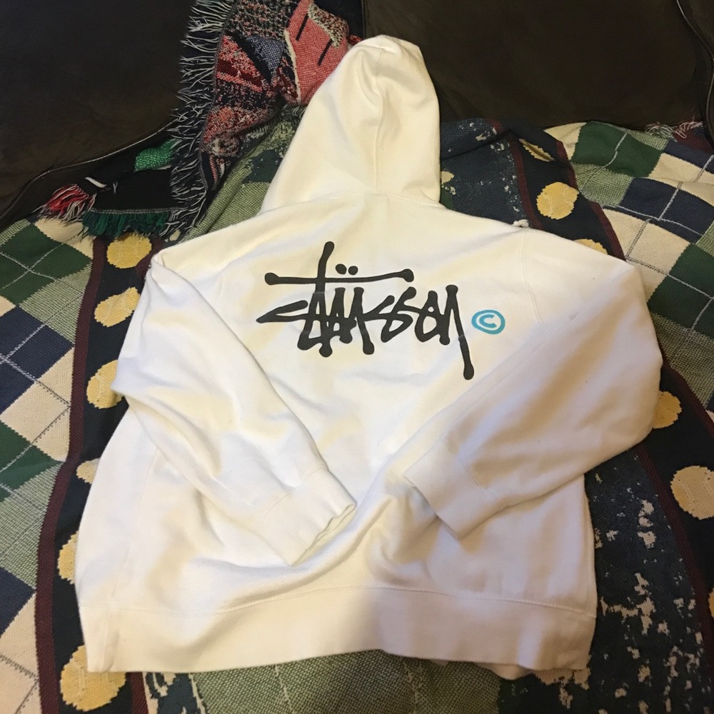 Stussy logo white zip up hoodie