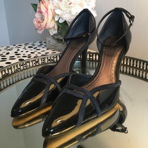 Navy Patent ankle strap pumps