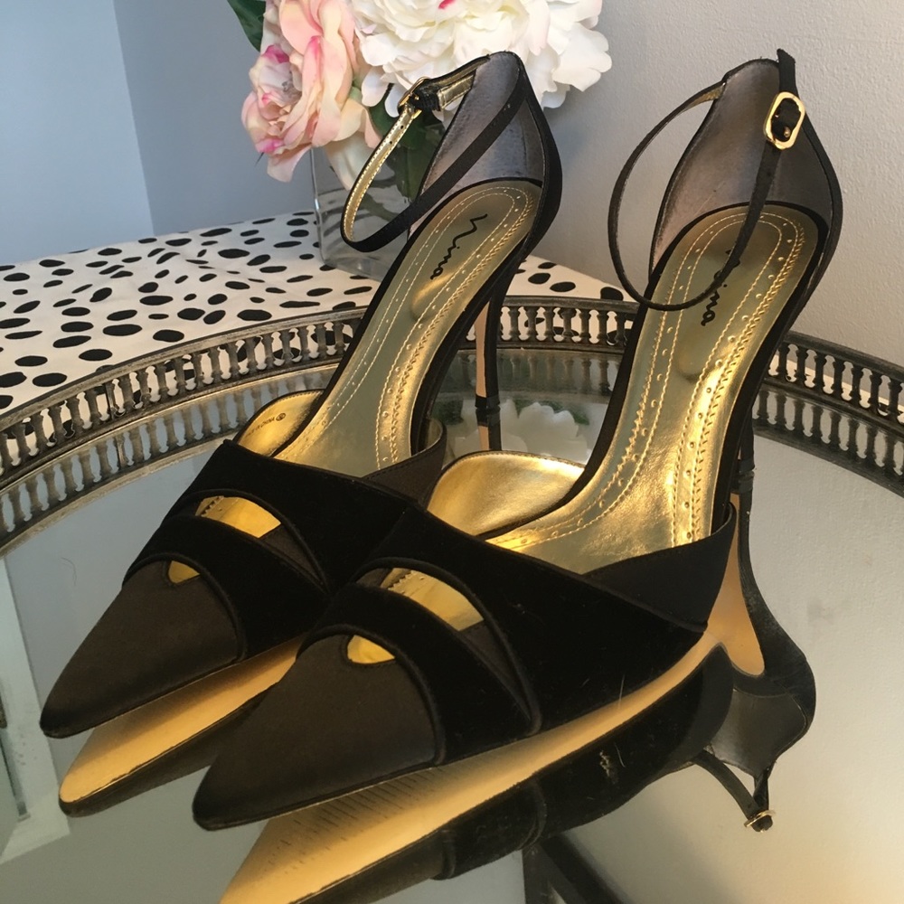 Black satin pumps