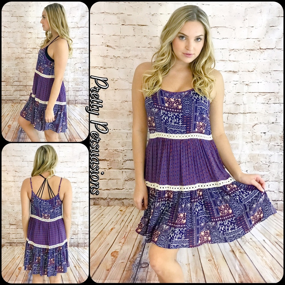 SALE‼️ NWT Purple Printed Crochet Trim Slip Dress - Picture 1 of 4