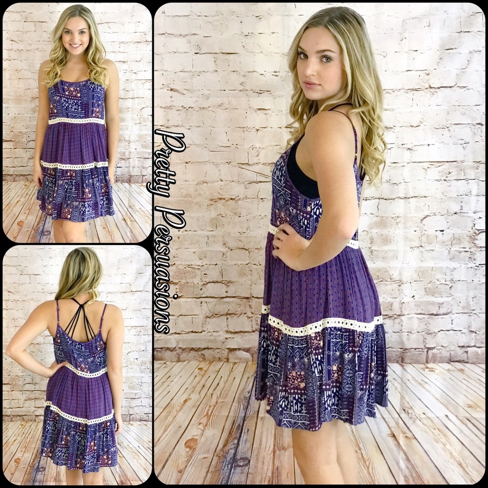 SALE‼️ NWT Purple Printed Crochet Trim Slip Dress - Picture 2 of 4