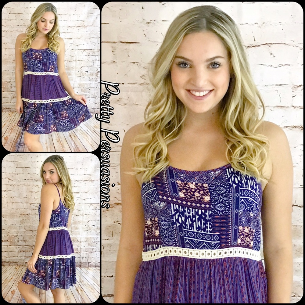 SALE‼️ NWT Purple Printed Crochet Trim Slip Dress - Picture 4 of 4