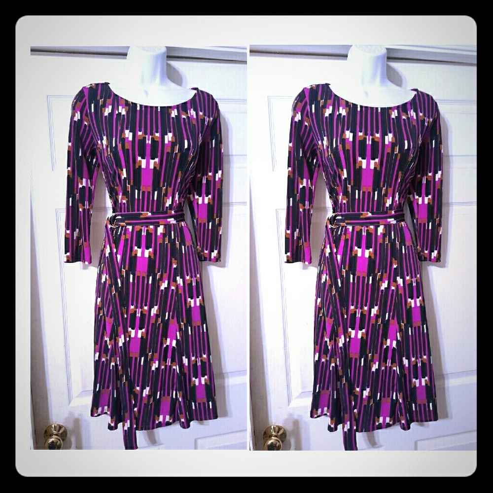 Fushia&black geometric print jersey knit fit&flar