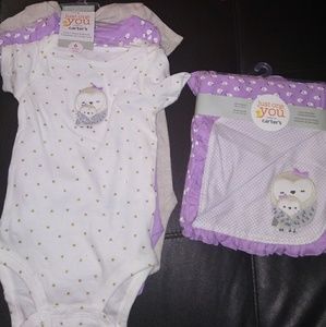 Set of 3 Carter's owl onesies and matching blanket