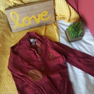 POLO burgundy sweater with elbow patches. EuC.