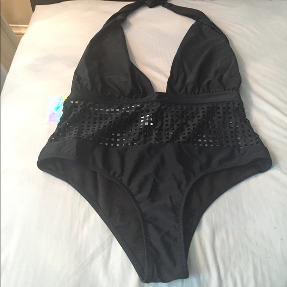 HP! SIZE 10 LEFT! BLACK HALTER GRID FRONT SWIMSUIT - Picture 5 of 6