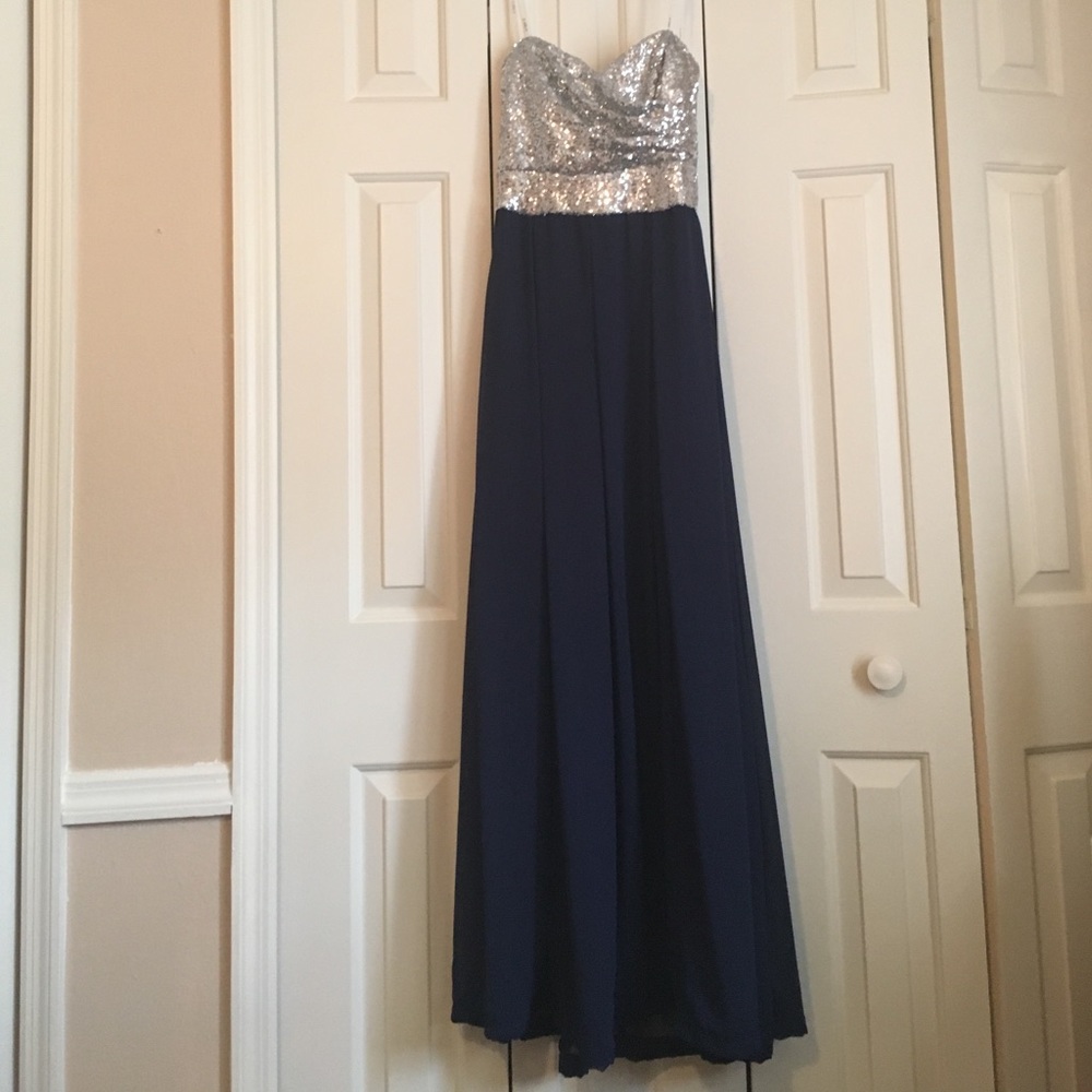 Strapless navy blue and silver sparkled prom dress