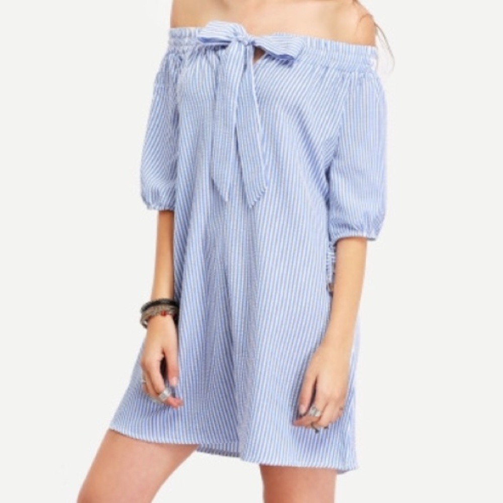 Preppy Ladies Blue/white off the shoulder dress