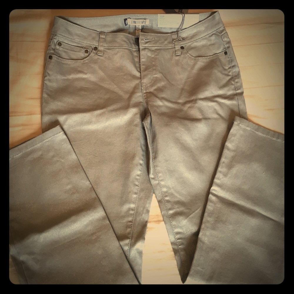 Grey metallic skinny straight leg pants