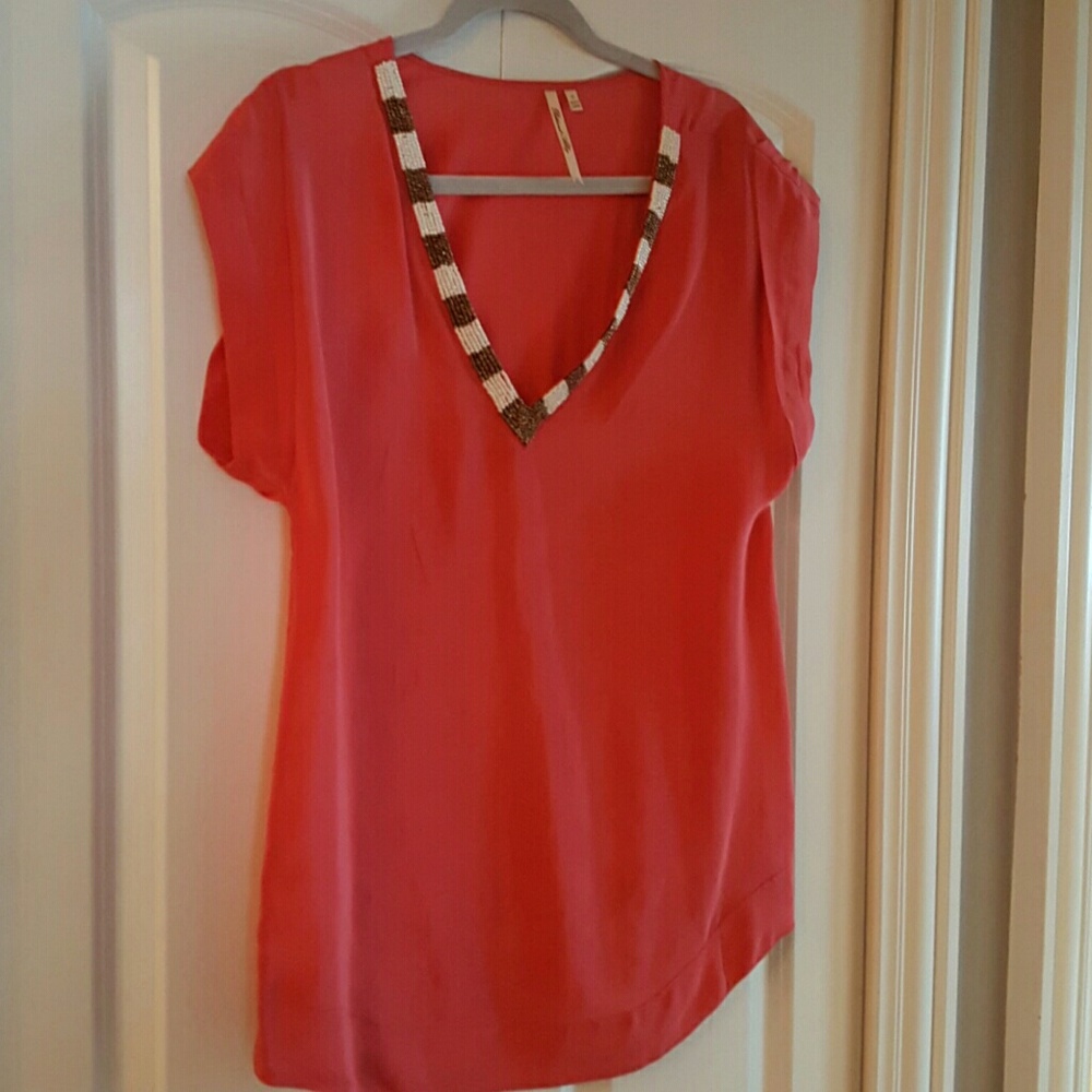 Beaded neckline silk shirt