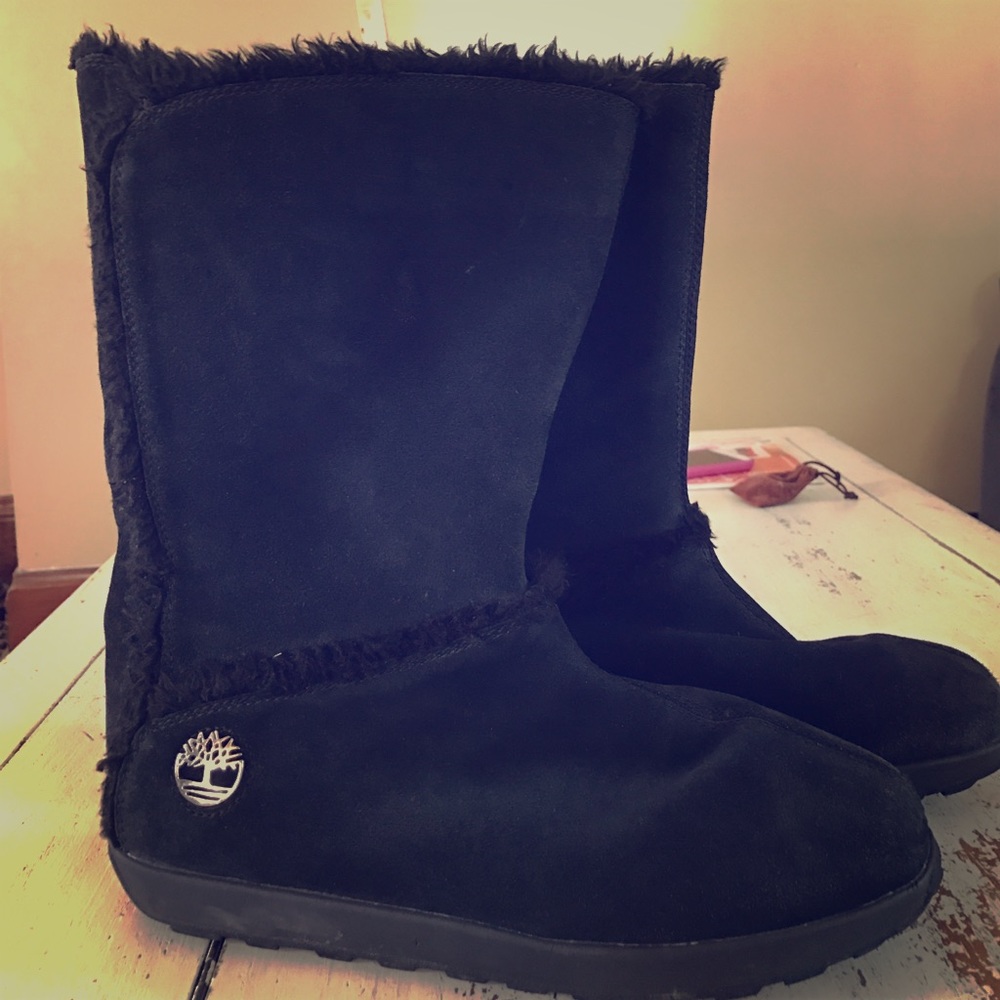 Tims Timberlands Black Furry Winter Boots