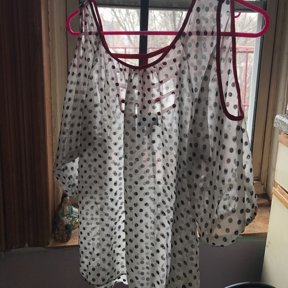 Polka dot sheer red trim 3/4 sleeve blouse