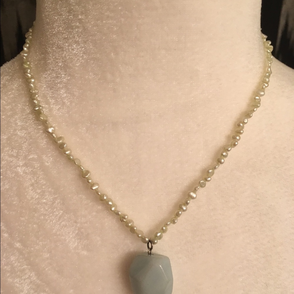 SOLD - Short Pearl Necklace with Baby Blue Stone