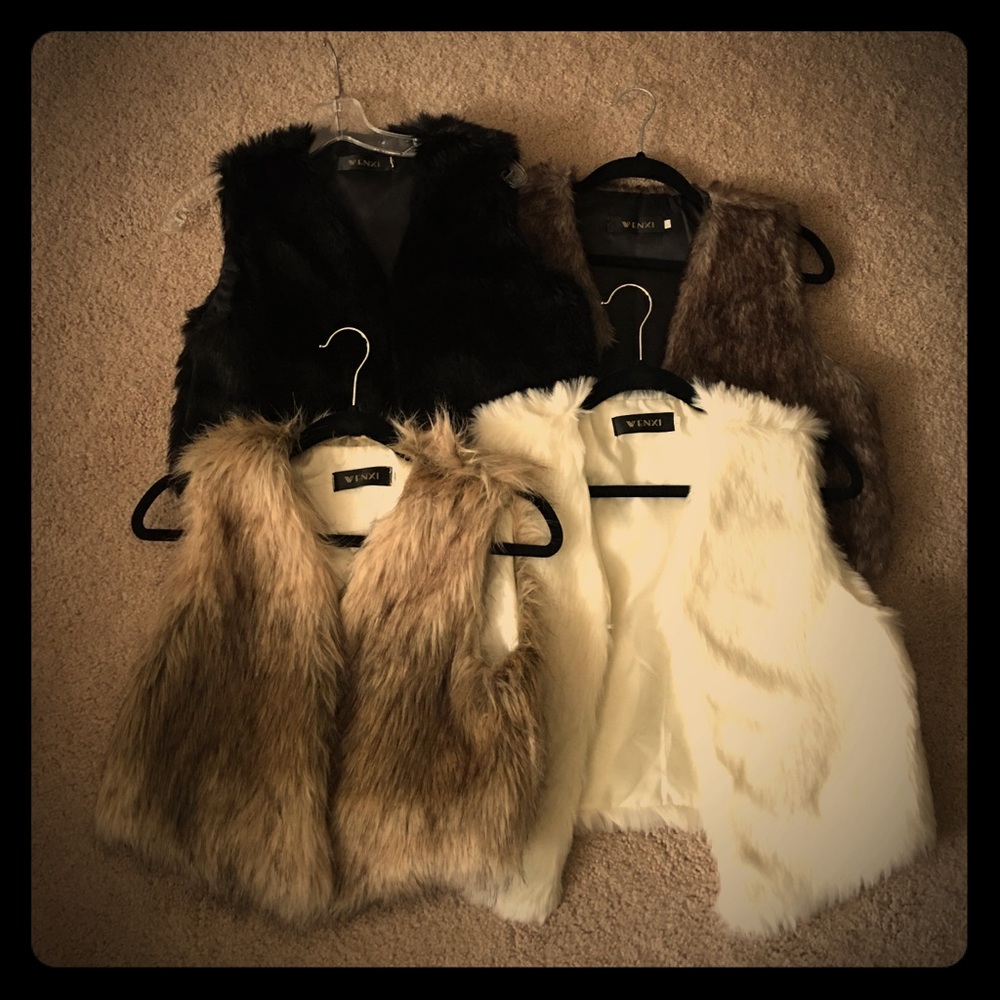 Lot of 4 waist length faux fur vests