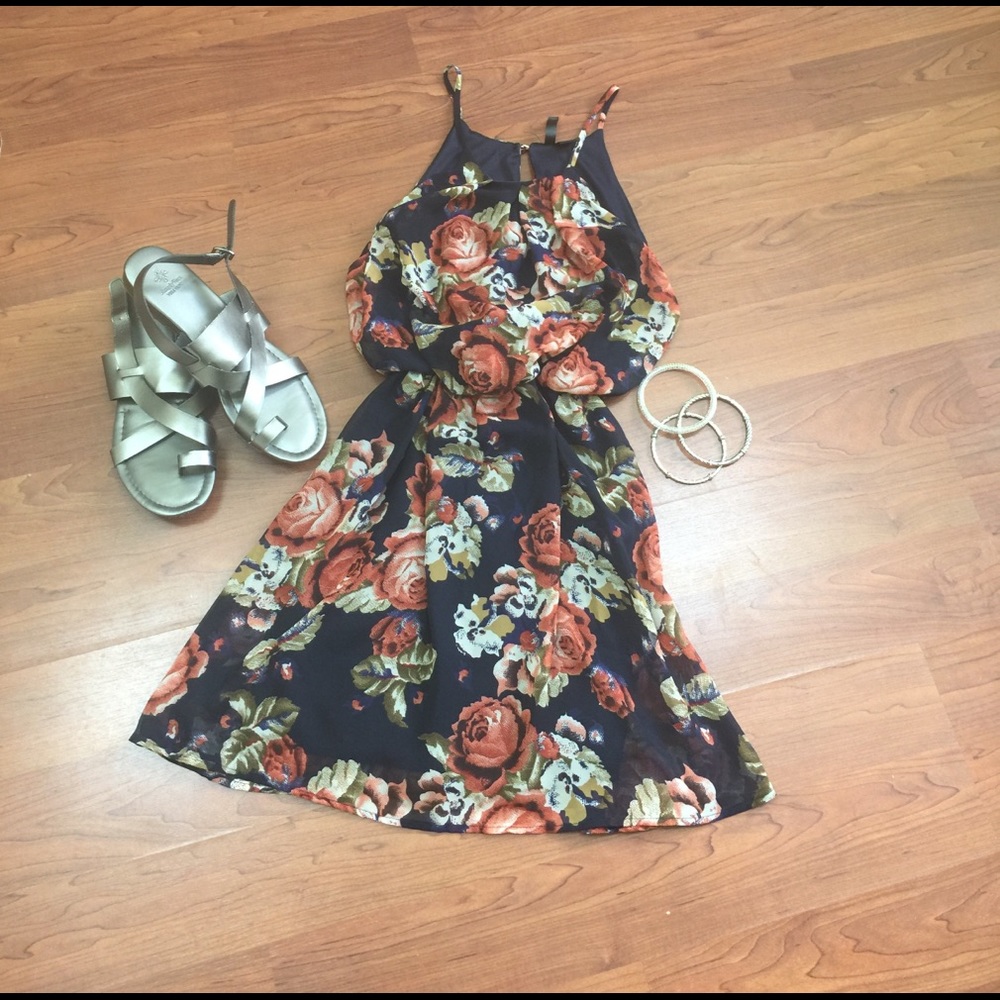 Floral mini dress on navy blue background