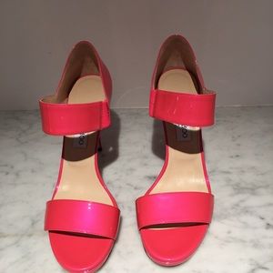 Jimmy Choo fuchsia patent leather open toe pumps