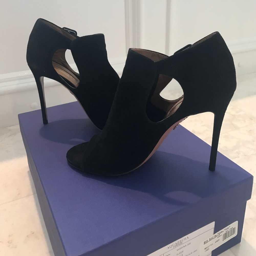 Aquazzura black suede peep toe Maryna 105 heels