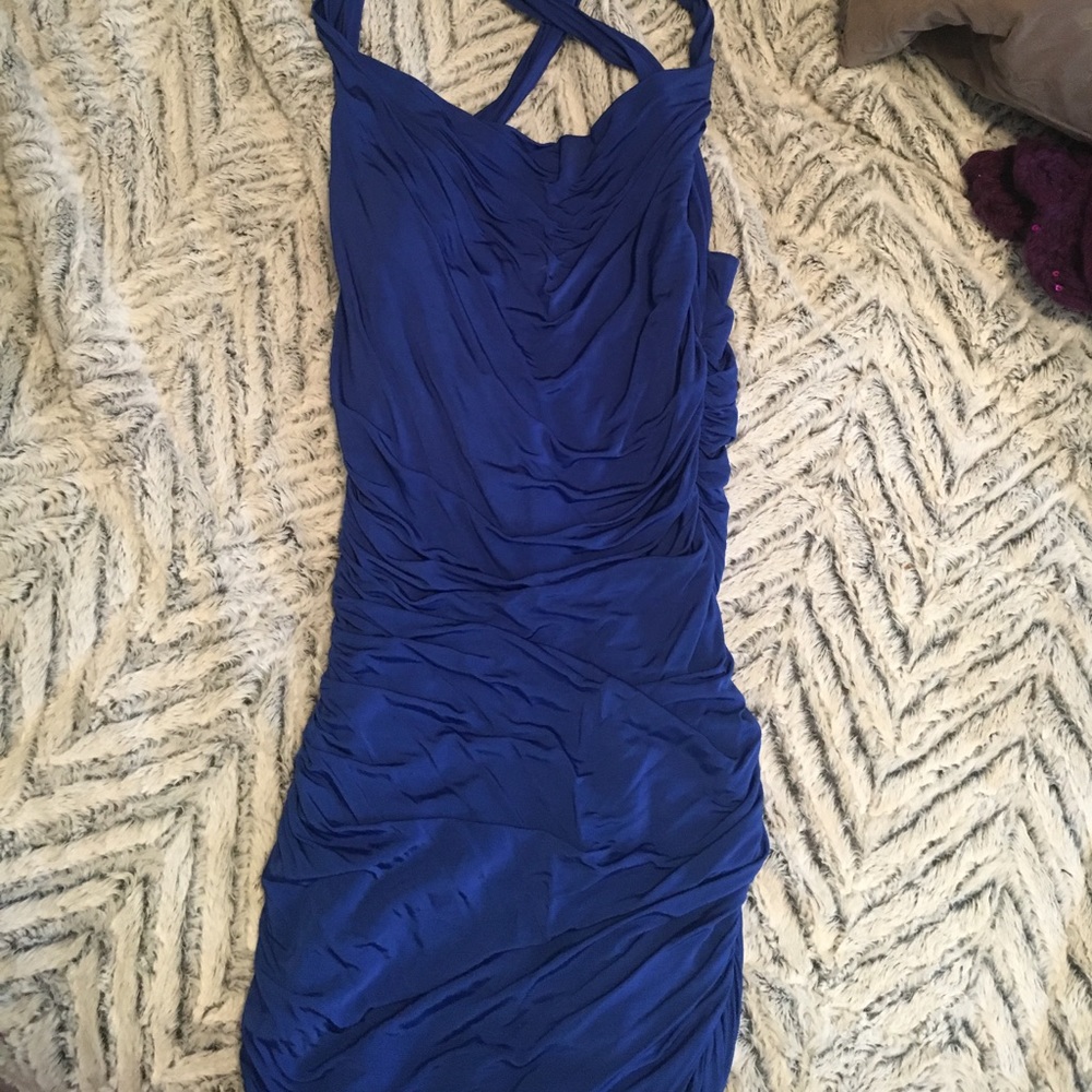 A blue rouged cross back mini dress