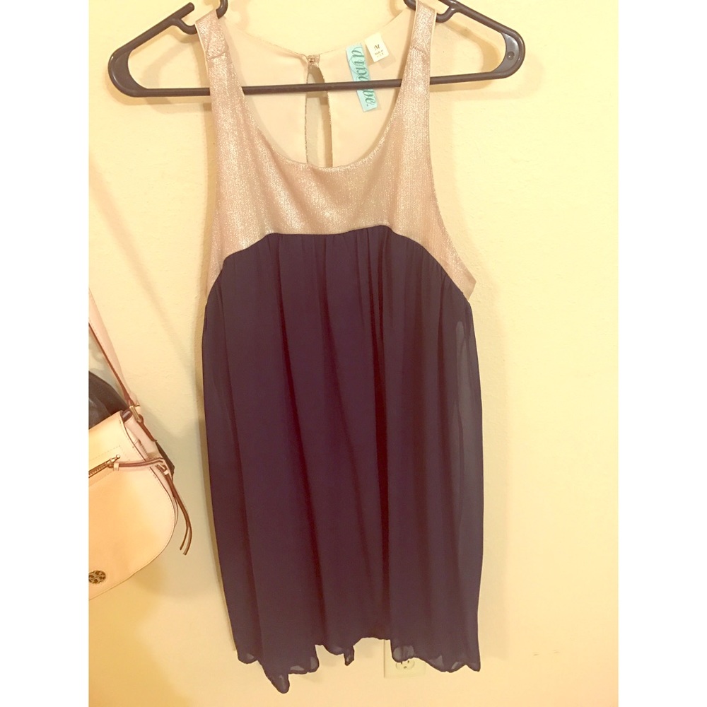 Navy blue and golden mini, shift dress