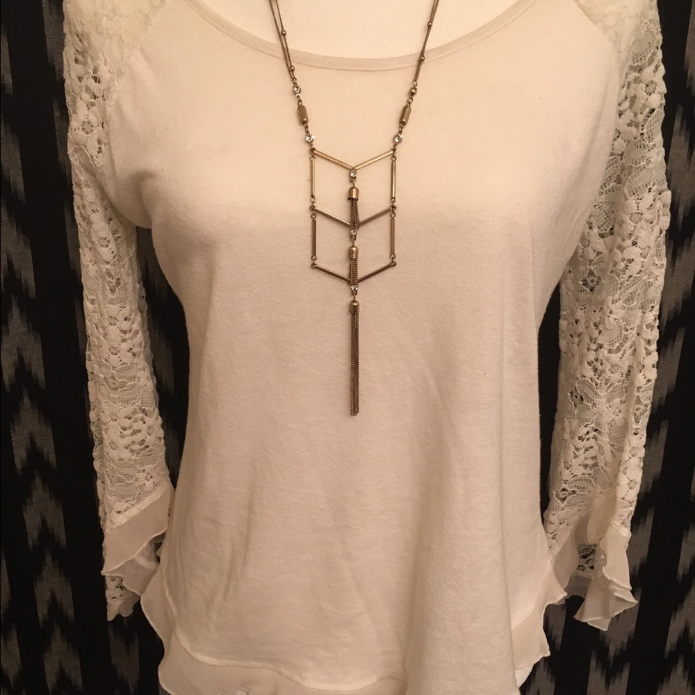 SOLD - White Top with Lace Sleeves and Flutter Hem