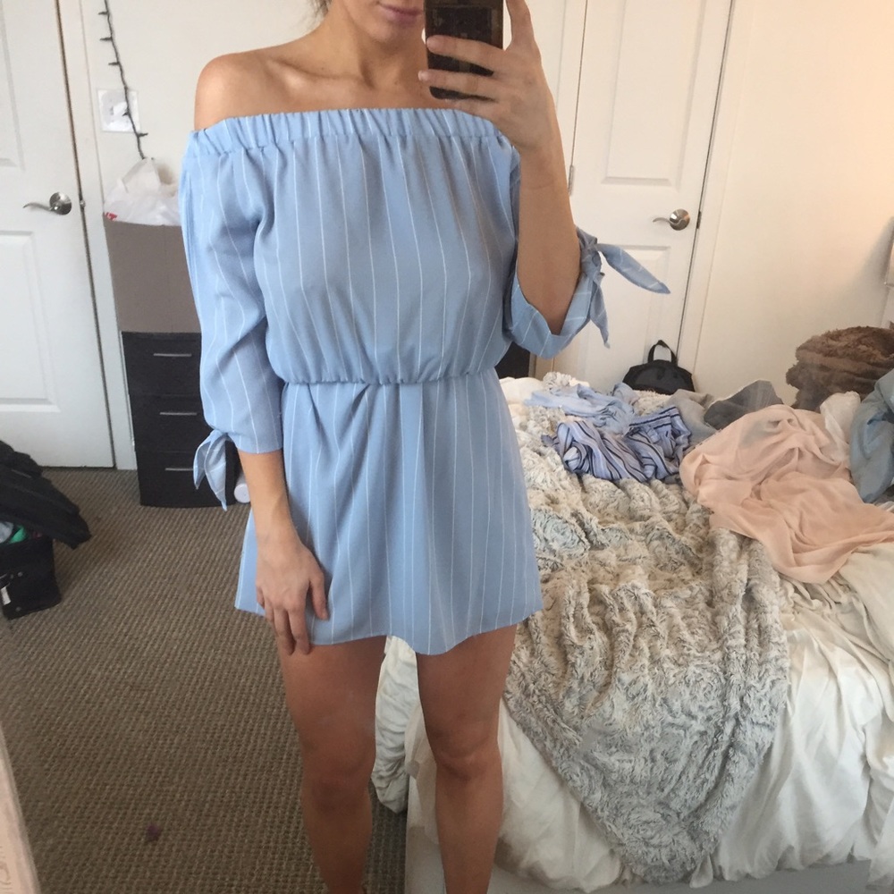 Baby blue and white striped off the shoulder dress