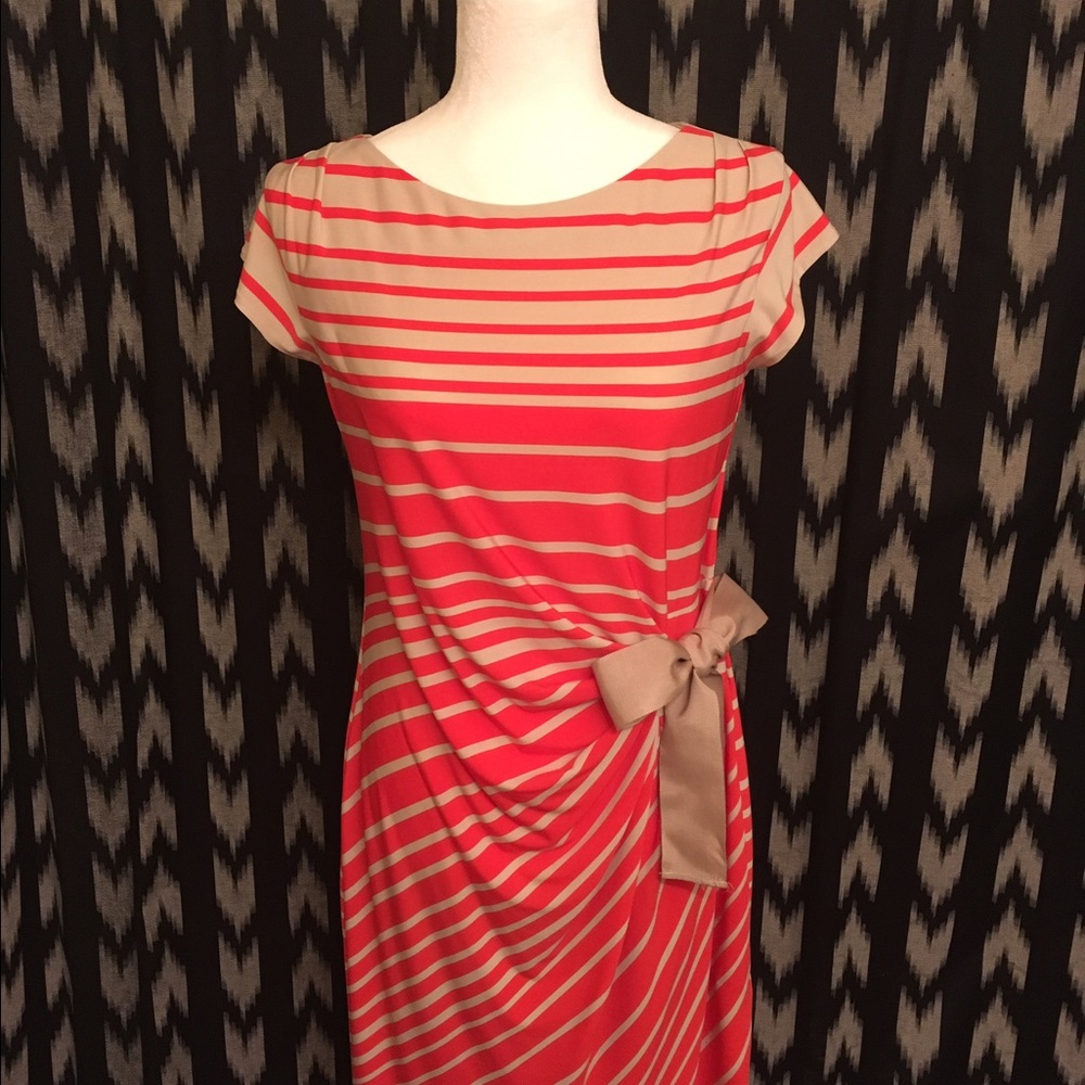 SOLD - Red and Taupe Striped Dress with Side Tie