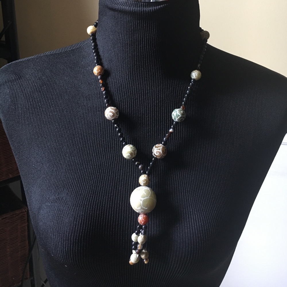 Genuine Carved Jade & Onyx Necklace & Earrings Set