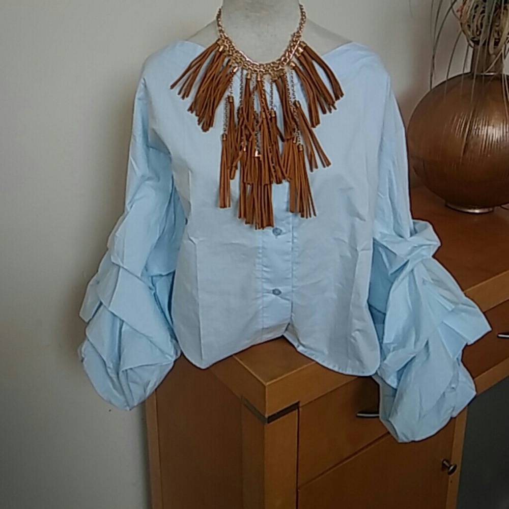 Powder blue button-down puffy sleeve shirt