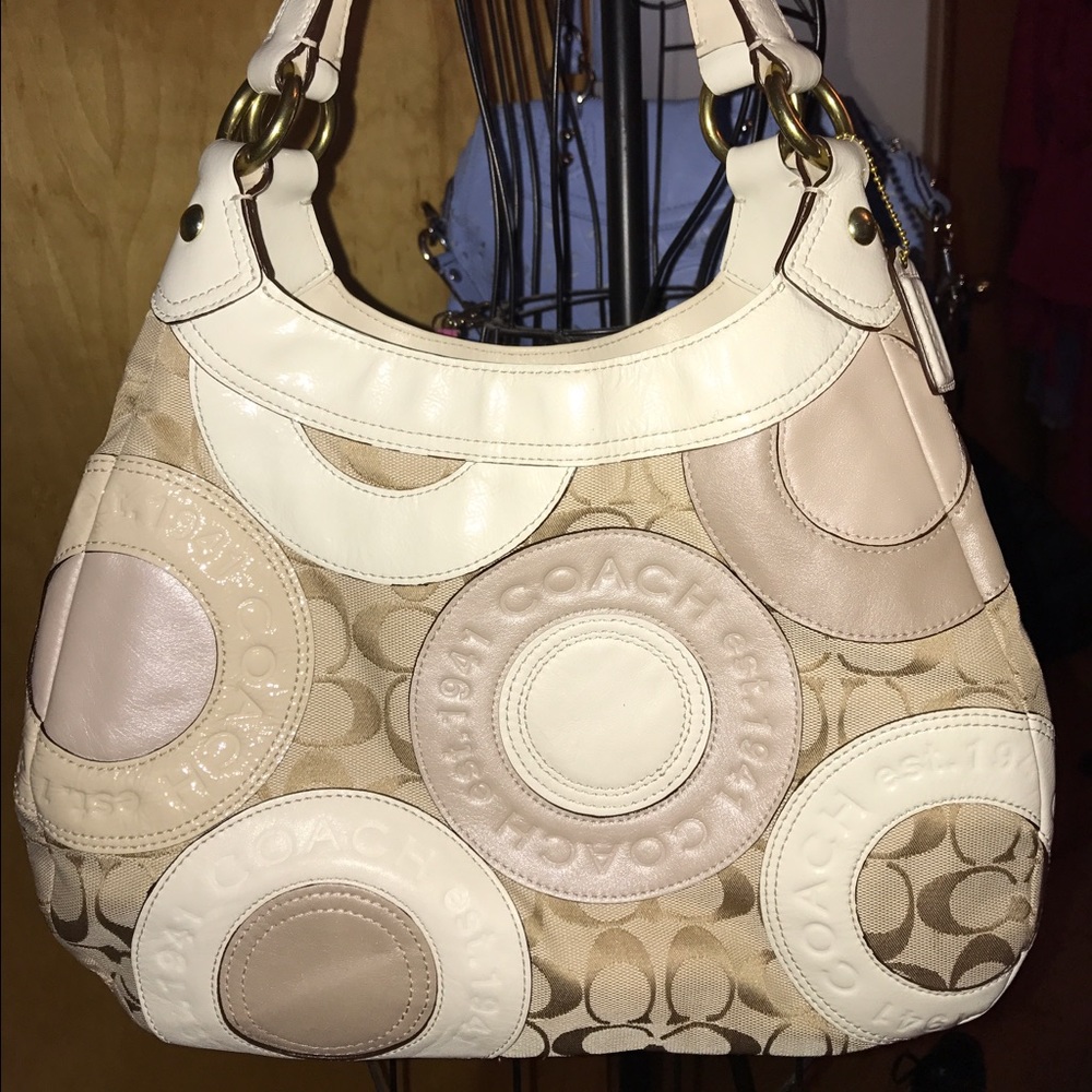 Tan coach fabric leather combo hobo