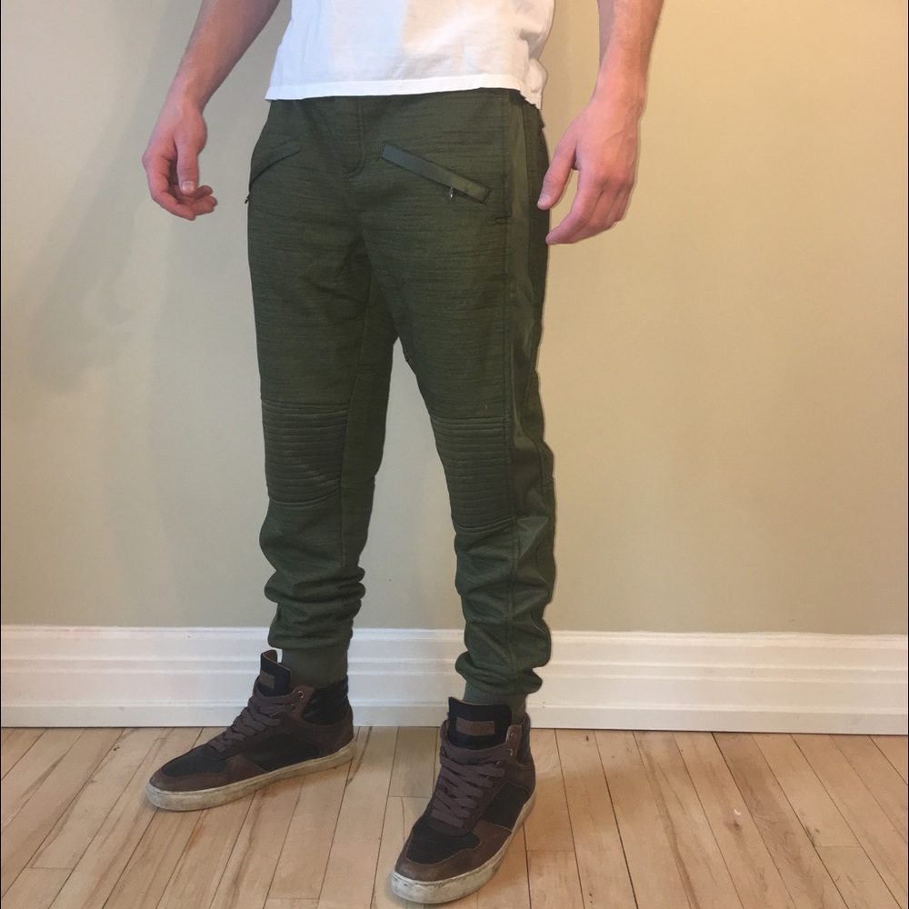 Mens olive green moto jogger