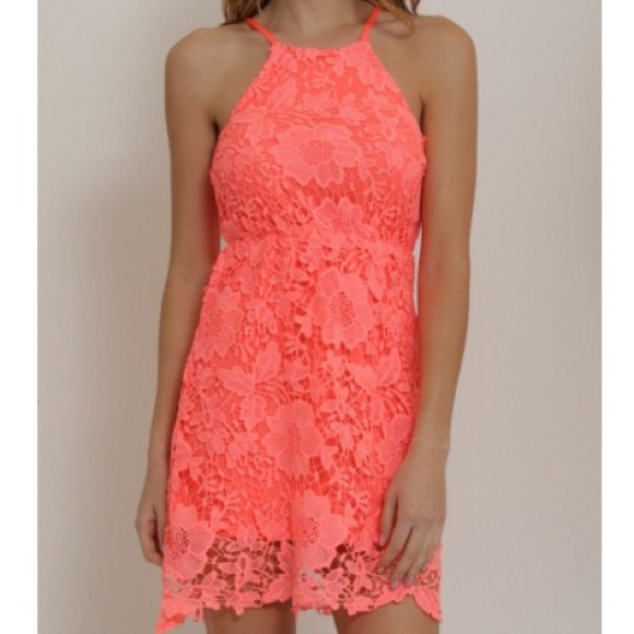 •LAST 1• Neon Coral Crochet Halter Dress - Picture 7 of 8