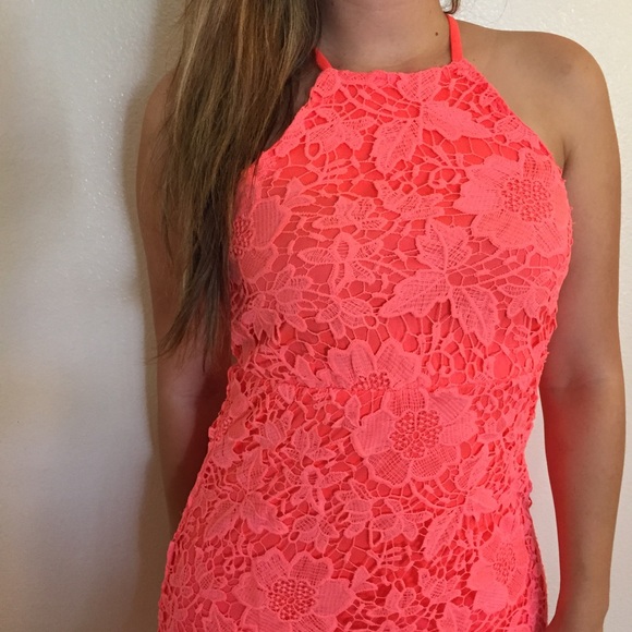 •LAST 1• Neon Coral Crochet Halter Dress - Picture 2 of 8