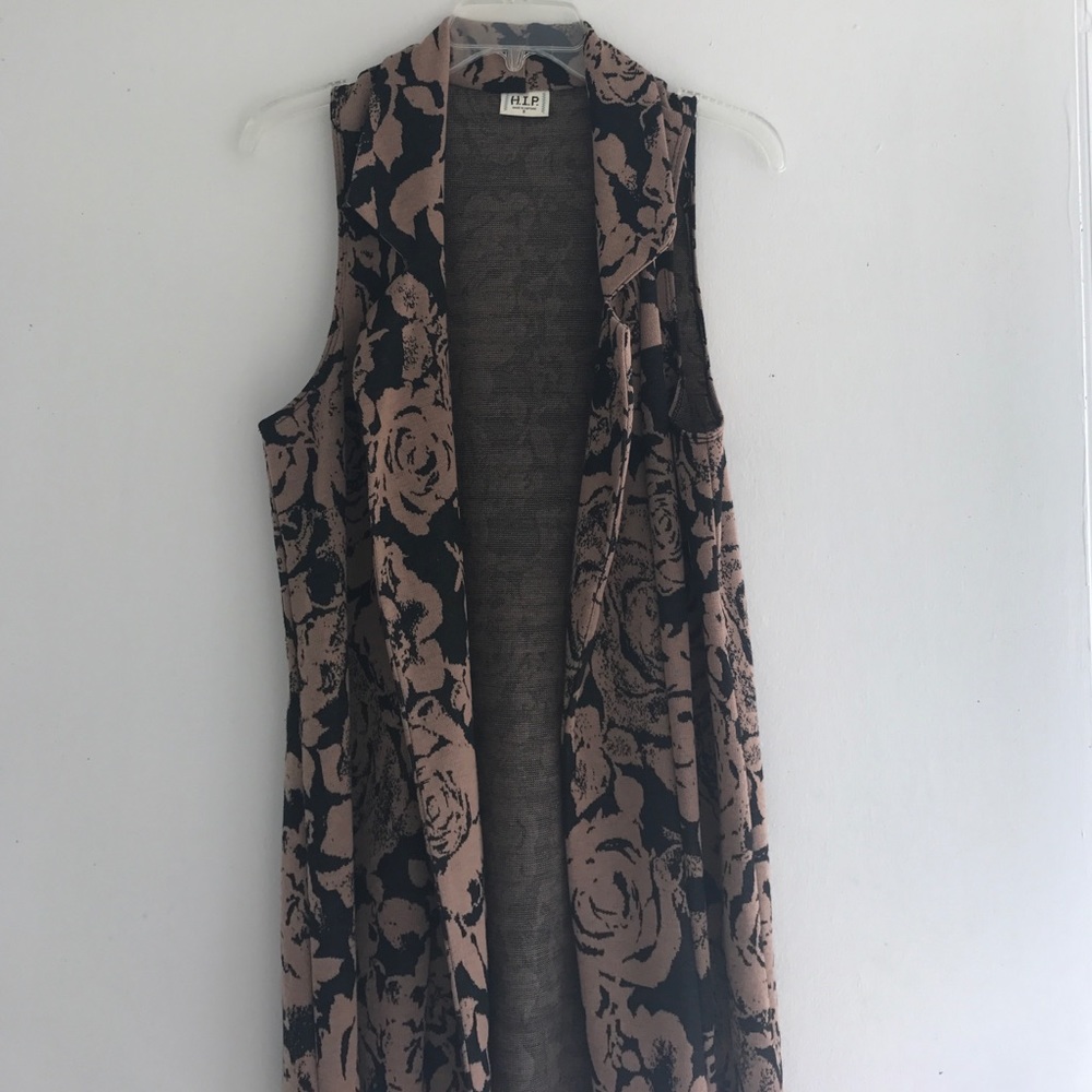 Long tan and black print vest