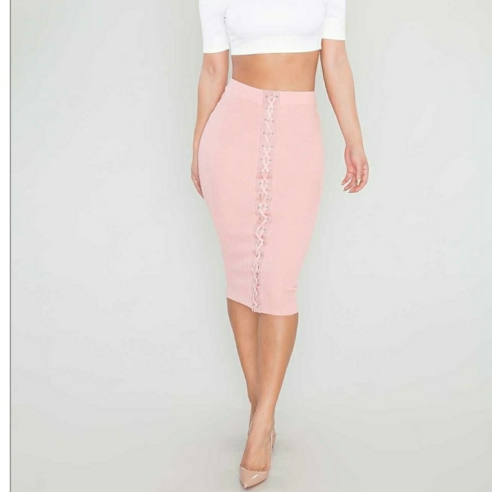 💲Last S• Ribbed Lace Up Midi Skirt - Picture 2 of 6