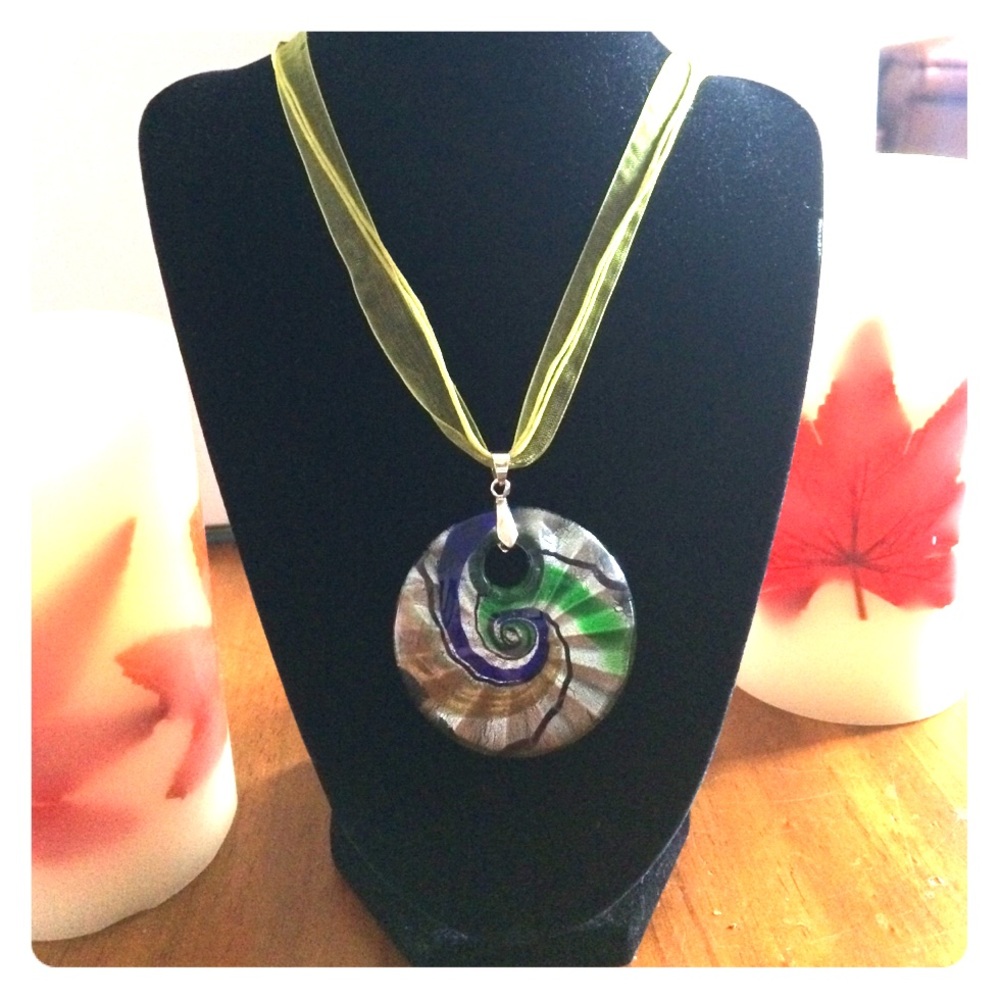 Round Glass Pendant  with Ribbon Necklace