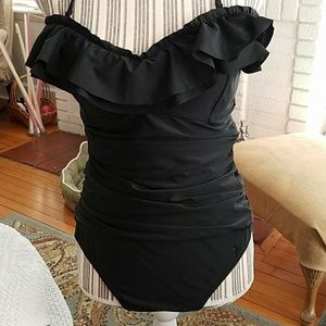 Black Strapless One Piece w Ruffles sz L