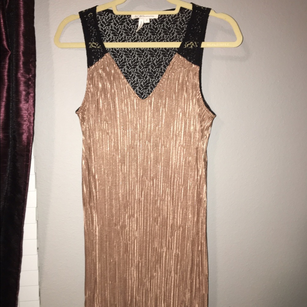 BCBG gold pleated dress with lace back