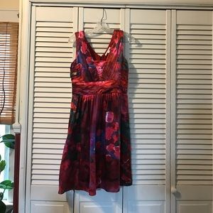 Banana Republic pink and red A-line silk dress