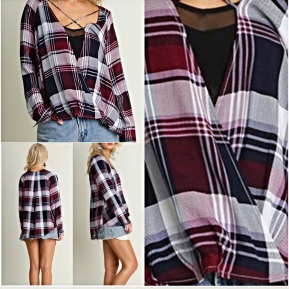 Draped Plaid Criss Cross Surplice Top S - Picture 2 of 3