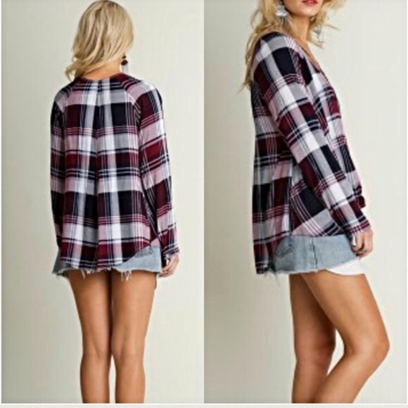 Draped Plaid Criss Cross Surplice Top S - Picture 3 of 3