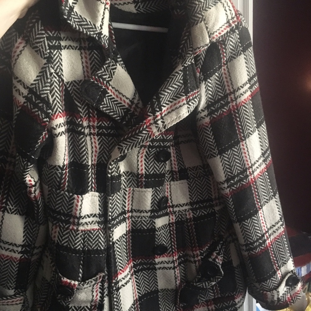 Red white and black pea coat
