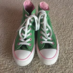 Green & baby pink high-top Chuck Taylor Converse