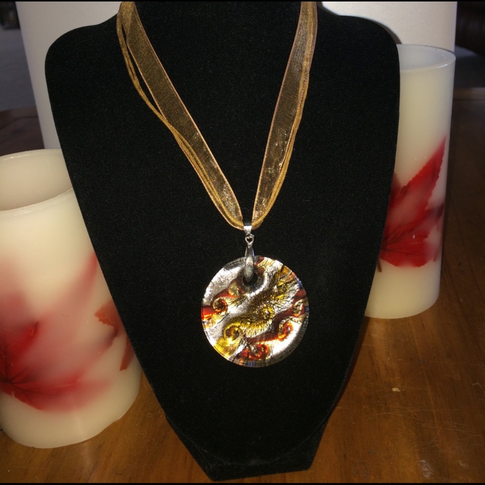 Round Glass Pendant with Brown Ribbon Necklace