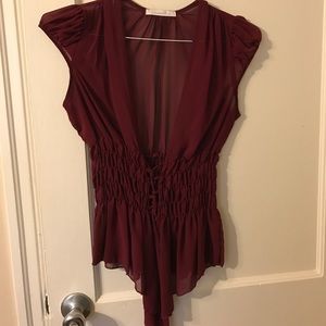 Charlotte Russe Sheer Burgundy Cap Sleeve Top