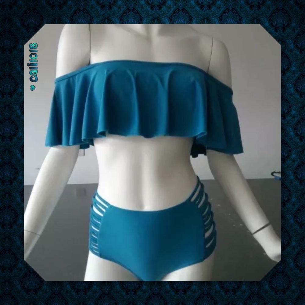 SOLD🆕Teal Blue Ruffle Off Shoulder Retro 2pc - Picture 2 of 5