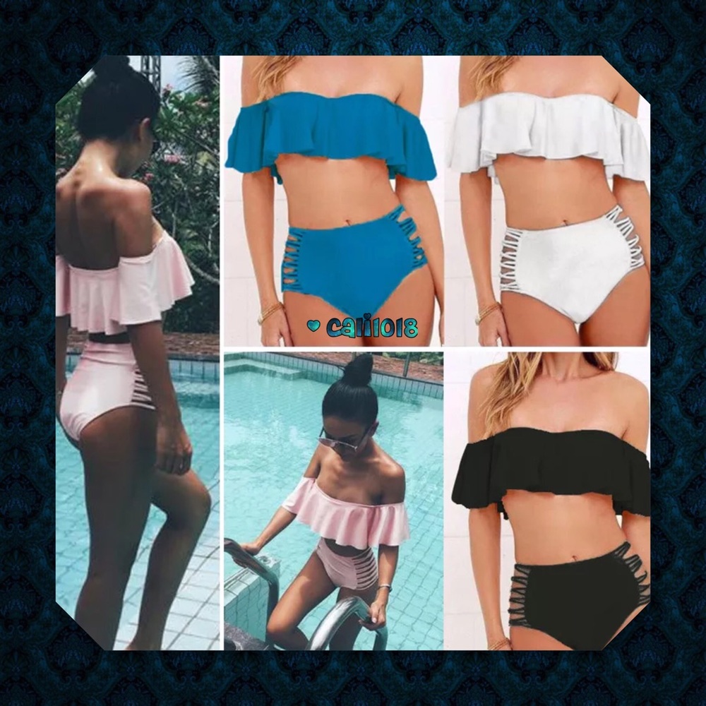 SOLD🆕Teal Blue Ruffle Off Shoulder Retro 2pc - Picture 4 of 5
