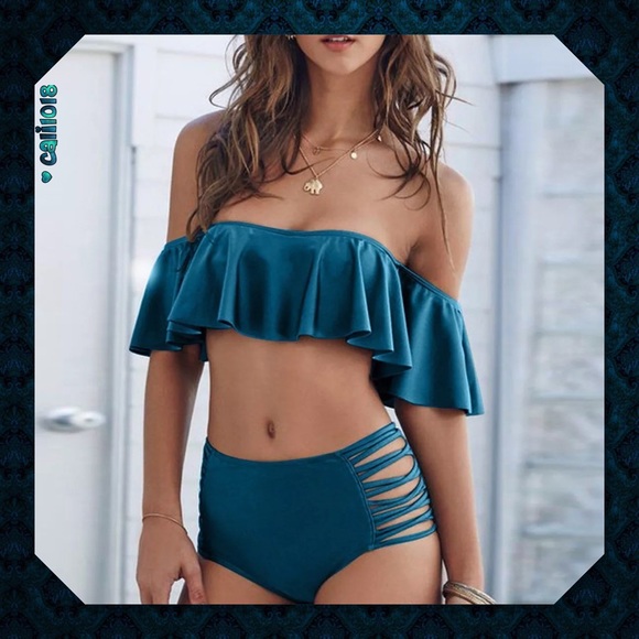 Glam Squad 2 You Other - SOLD🆕Teal Blue Ruffle Off Shoulder Retro 2pc