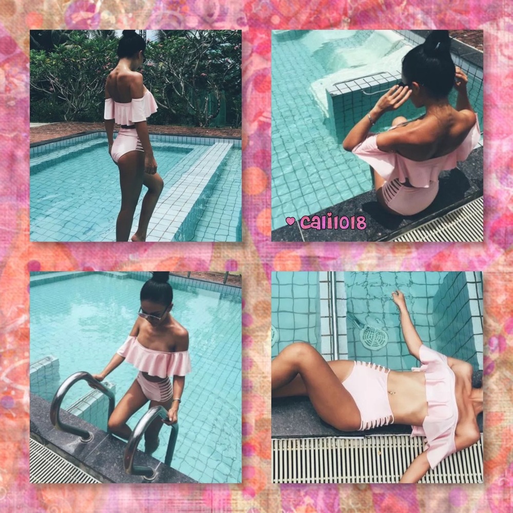 JUST IN🆕Pink Ruffle Off Shoulder Retro Swimsuit - Picture 3 of 7